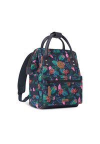 Backpack with a dark floral print featuring green leaves and pink flowers. Black leather straps and a front zip pocket. Round brand patch.