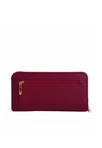 Burgundy leather wallet with a textured finish, featuring a gold-tone zipper and an exterior zip pocket. Rectangular shape, sleek design.