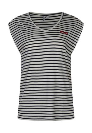Haut sans manches à rayures horizontales blanches et noires, avec un col en V et un petit texte rouge "LOVE" sur la partie supérieure gauche de la poitrine.