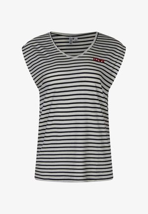 Haut sans manches à rayures horizontales blanches et noires, avec un col en V et un petit texte rouge "LOVE" sur la partie supérieure gauche de la poitrine.