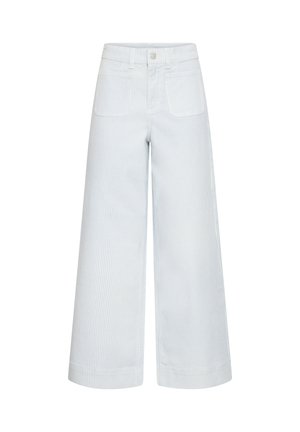 Pantaloni largi cu dungi verticale albastru deschis și alb, cu buzunare aplicate în față și închidere cu nasturi.