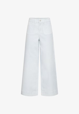 Pantalon large à rayures verticales bleu clair et blanc avec poches plaquées à l'avant et fermeture par bouton.
