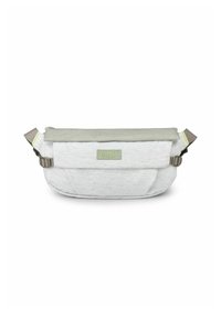 Borsa a vita in tessuto grigio e bianco con una finitura morbida e strutturata. Presenta una tracolla regolabile e un patch con il logo sulla parte frontale.