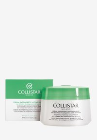 Crème raffermissante intense Collistar dans un pot blanc avec un couvercle vert. L'emballage présente un design vert et blanc, avec du texte en plusieurs langues.