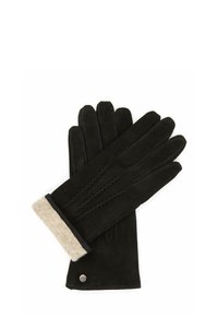 Black suede gloves with a cream knit cuff. Features four fingers, subtle stitching details, and a small metallic accent.