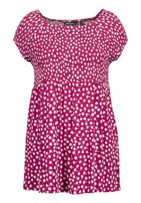 Blusa de manga corta rosa con patrón floral blanco, cuerpo superior fruncido y escote redondo.