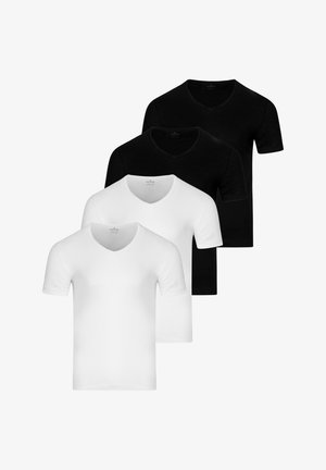 Dwa czarne i dwa białe krótkie T-shirty z dekoltem w serek ułożone na przemian na białym tle.