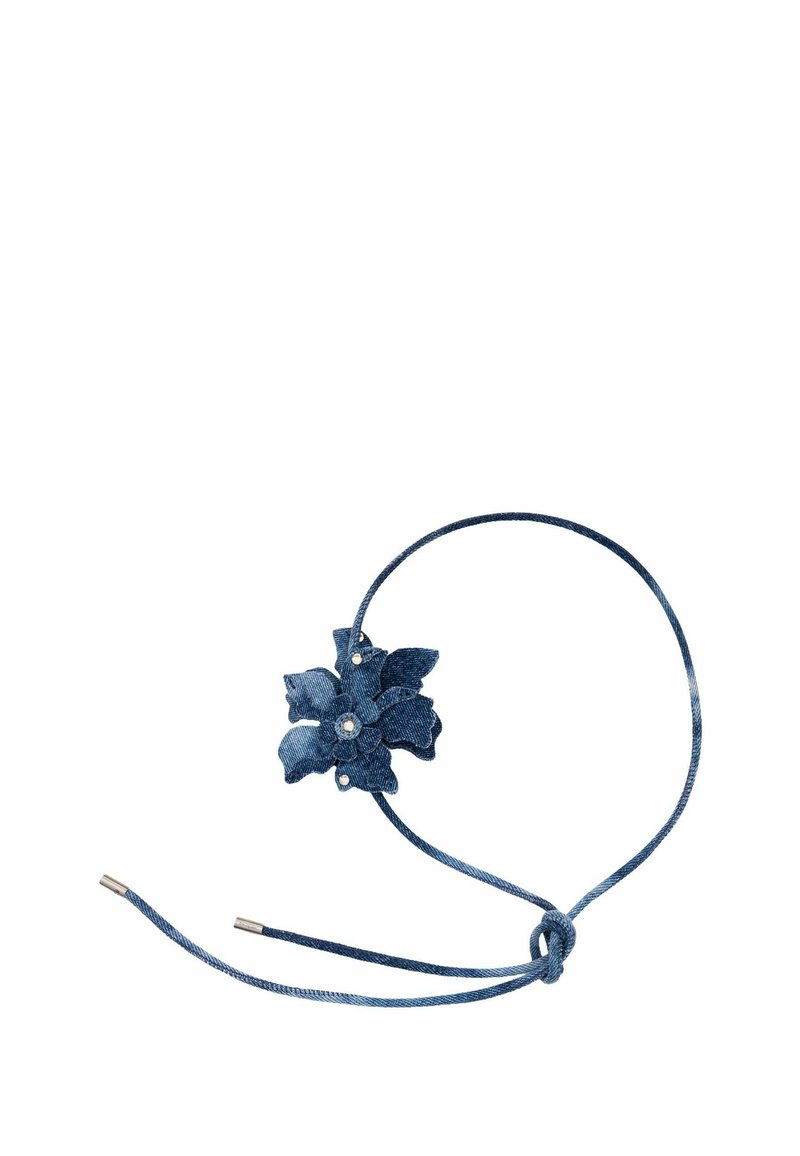 Blue denim necklace with adjustable cord and a large flower-shaped fabric decoration adorned with small pearl-like beads.