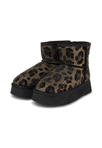 Schwarze und goldene Leopardenmuster-Stiefel mit strukturierter Oberfläche und schwarzen Gummisohlen, mit einer Schafthöhe bis zur Mitte der Wade und einem runden Zehenbereich.