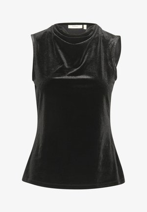 Must have särgmaterjalist must ilma varrukateta top, millel on voolav kaelus ja laienev allosa. Sile tekstuur koos peene läikega.