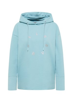 Hellblauer Hoodie aus weichem Stoff mit Kängurutasche, Kapuze mit Kordelzug und rundem Schriftzug in helleren Rosatönen.