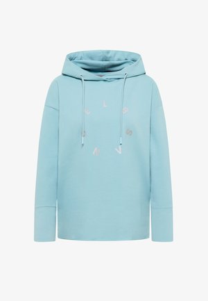 Hellblauer Hoodie aus weichem Stoff mit Kängurutasche, Kapuze mit Kordelzug und rundem Schriftzug in helleren Rosatönen.