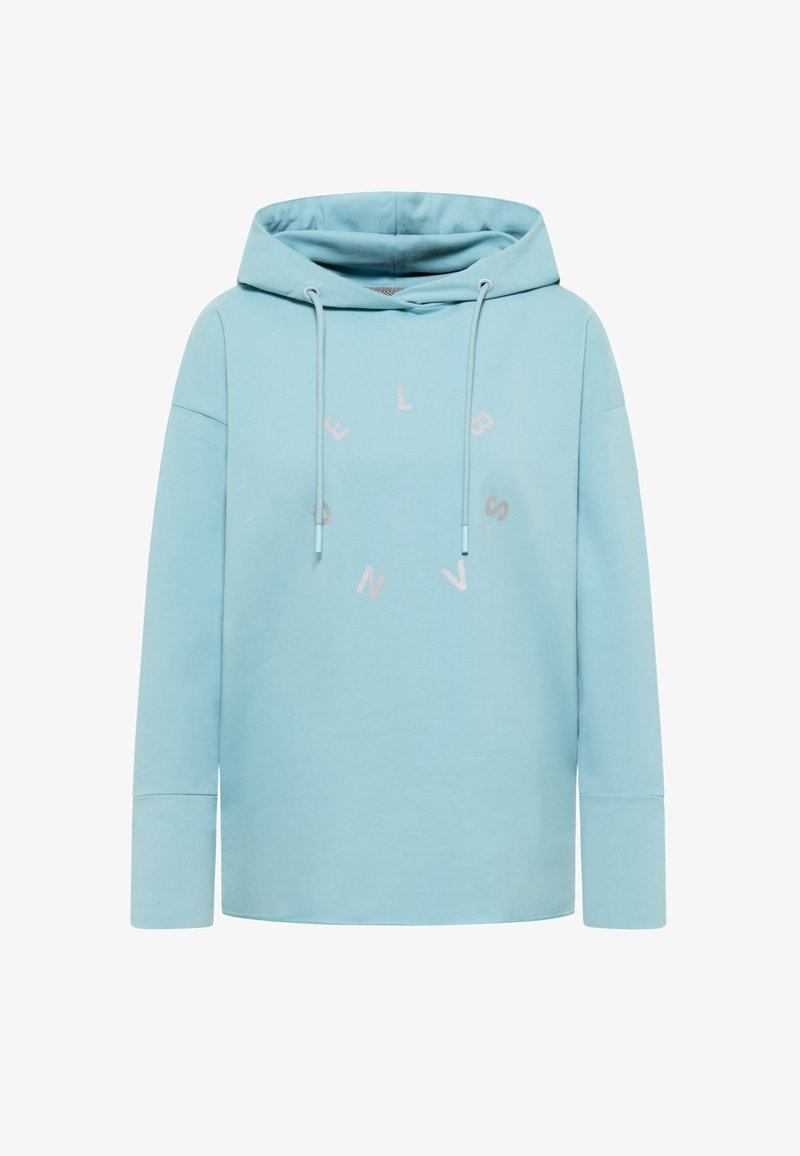 Hellblauer Hoodie aus weichem Stoff mit Kängurutasche, Kapuze mit Kordelzug und rundem Schriftzug in helleren Rosatönen.