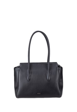 Borsa a mano in pelle nera con manici lunghi, forma strutturata e piccolo logo Furla al centro davanti.