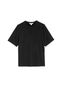Zwarte t-shirt met korte mouwen en ronde hals, gemaakt van zachte katoen. Heeft een ontspannen pasvorm en een naadloos schouderontwerp. Geen zichtbare patronen of logo's.