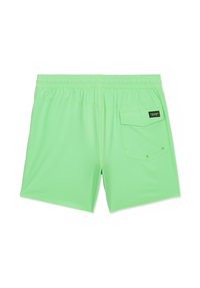 Shorts de bain vert clair avec taille élastique et une poche arrière droite comportant une étiquette noire Volcom ainsi que deux œillets de drainage.
