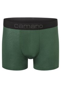 Boxer shorts verdi realizzati in tessuto morbido. Presentano un elastico in vita nero con il logo "Camano". Design standard, vestibilità aderente.