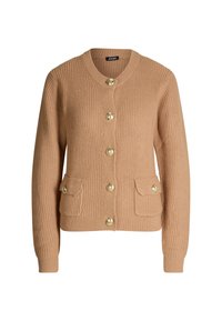 Cardigan lavorato a maglia color cammello con maniche lunghe, scollatura rotonda, due tasche frontali e sei bottoni decorativi dorati sulla parte anteriore.
