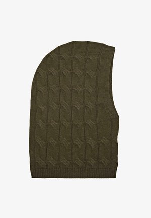 Olijfgroene gebreide mouwloze sweater vest met een kabelbreipatroon en geribde zoom.