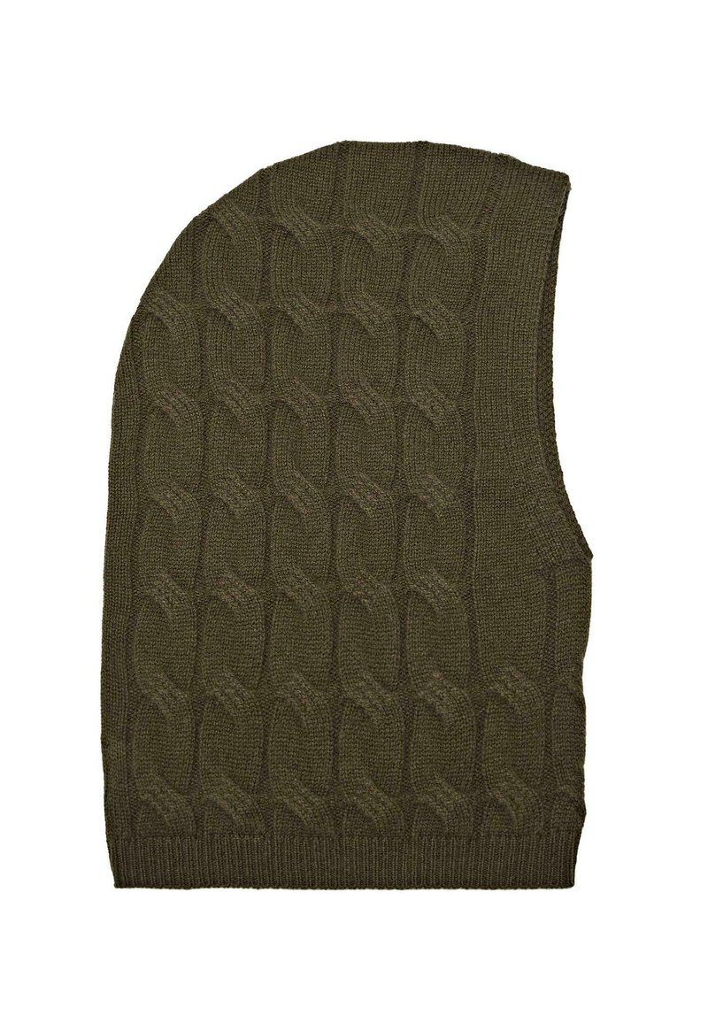 Olivenfarvet strikket ærmeløs sweater vest med et kabelstrik mønster og ribbet kant.