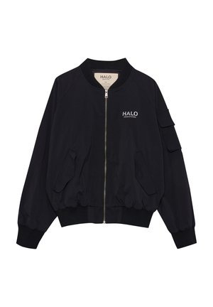 Black bomber jacket made of smooth fabric with a zip front, ribbed neckline, elasticated hem, and side pockets; features a patch pocket on the sleeve.
