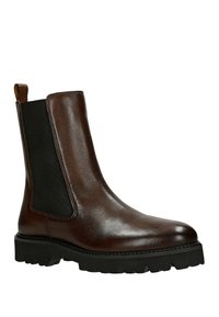 Brązowy skórzany botek Chelsea z elastycznymi panelami bocznymi, zaokrąglonym noskiem i solidną czarną gumową podeszwą. Z delikatnymi detalami szwów.