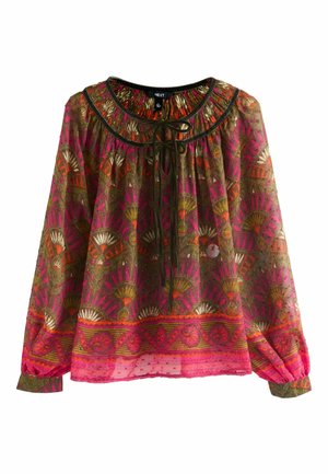 Blusa multicolor con un patrón floral con toques de rosa, naranja y verde, escote fruncido y detalle de lazo en la parte delantera.