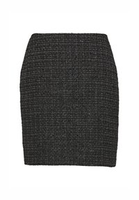 Czarna mini spódnica z tkaniny tweed, o fakturowanym wzorze, z wyraźną sylwetką i prostym dołem. Zawiera subtelne białe akcenty wplecione w materiał.