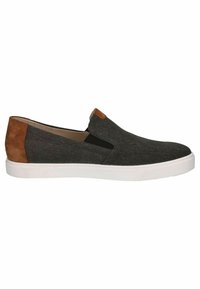 Instap schoenen van donkere stof met een tan suede accent. Voorzien van elastische zijkanten en een witte rubberen zool.