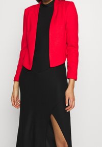 Kvinna iklädd en klar röd kavaj över en svart klänning med en hög skårad slits, står framför en enkel vit bakgrund.