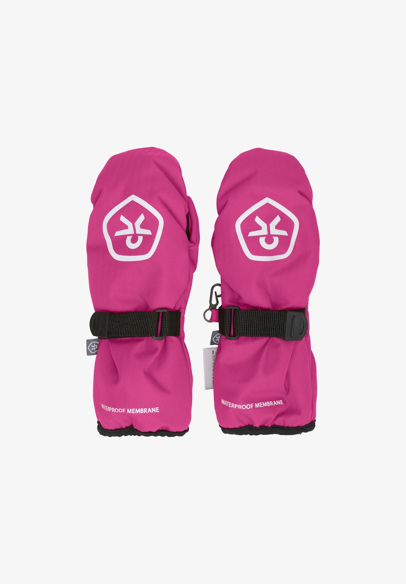 Vattentäta rosa vantar med elastiska muddar, justerbara remmar och vitt logotyp. Tillverkade av hållbart, texturerat tyg för värme och skydd.