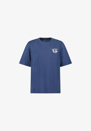 T-shirt bleu à manches courtes avec petit logo blanc "new generation" et flèche sur la partie supérieure gauche de la poitrine, col rond.