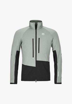 Hellgraue und schwarze Zip-up-Jacke mit hohem Kragen, zwei vertikalen Brusttaschen und einem kleinen Logo auf der linken Brustseite.