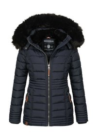 Marineblauwe puffer jacket met een afneembare zwarte nep-vacht kap. Voorzien van een ritssluiting, zijzakken met rits en een gathered taille voor een getailleerde look.