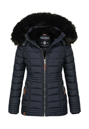 Dunkelblaues Puffed-Jackett mit abnehmbarer schwarzer Kunstfellkapuze. Verfügt über einen Reißverschluss, seitliche Taschen mit Reißverschluss und einen gerafften Bund für einen taillierten Look.