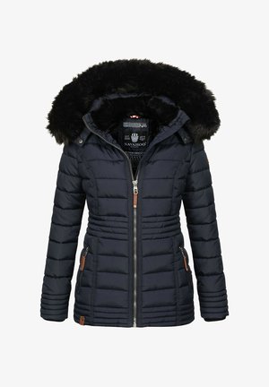 Dunkelblaues Puffed-Jackett mit abnehmbarer schwarzer Kunstfellkapuze. Verfügt über einen Reißverschluss, seitliche Taschen mit Reißverschluss und einen gerafften Bund für einen taillierten Look.