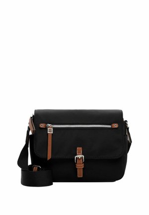 Black messenger bag made of fabric with a flap closure, featuring a front zip pocket, brown accents, adjustable strap, and silver hardware.
