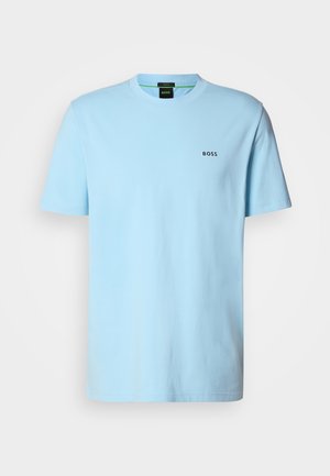 Light blue short-sleeve t-shirt made of cotton. Features a round neckline and a small black "BOSS" logo on the chest. Simple design.
