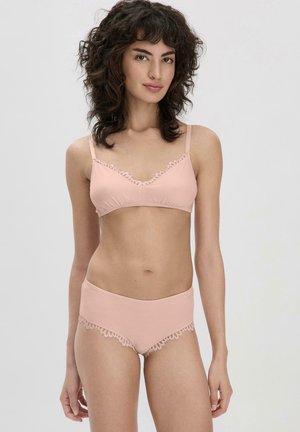 Pink cotton bralette and high-waisted briefs with lace trim. Soft texture, delicate stitching detailing, and simple design. Suitable for everyday wear.