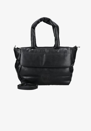 Borsa tote nera realizzata in materiale sintetico liscio, con lati imbottiti, manici doppi e una tracolla rimovibile. Dettaglio con logo stampato.