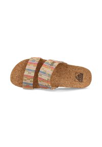 Cork sandals with two woven straps in pastel colors, featuring a textured surface and a logo on the footbed.