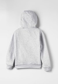 Felpa grigia con cappuccio realizzata in tessuto morbido e testurizzato. Presenta un cappuccio, polsini e vita a costine. Design semplice e pulito, privo di decorazioni.