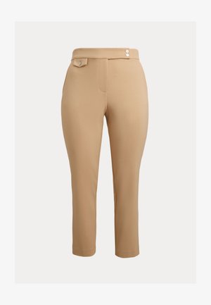 Beige slim-fit trousers with high waist, featuring two small decorative buttons at the waistband and a buttoned flap pocket on the right side.