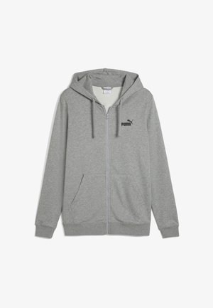 Grijze zip-up hoodie van zacht materiaal, met een kangoeroezak, een capuchon met trekkoord en een zwart logo op de linkerborst.