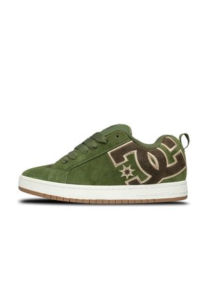 Green suede sneaker with lace-up front, white rubber sole, contrasting darker green logo and accents, rounded toe and padded collar.
