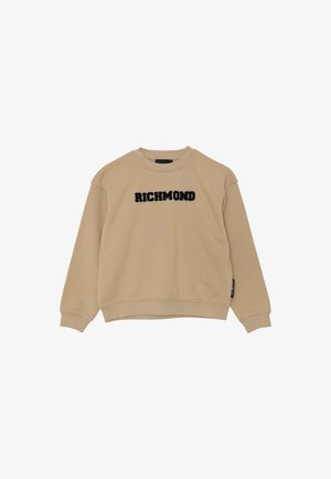 Felpa beige a girocollo con polsini e orlo a coste, con la scritta nera "RICHMOND" testurizzata centrata sul davanti.