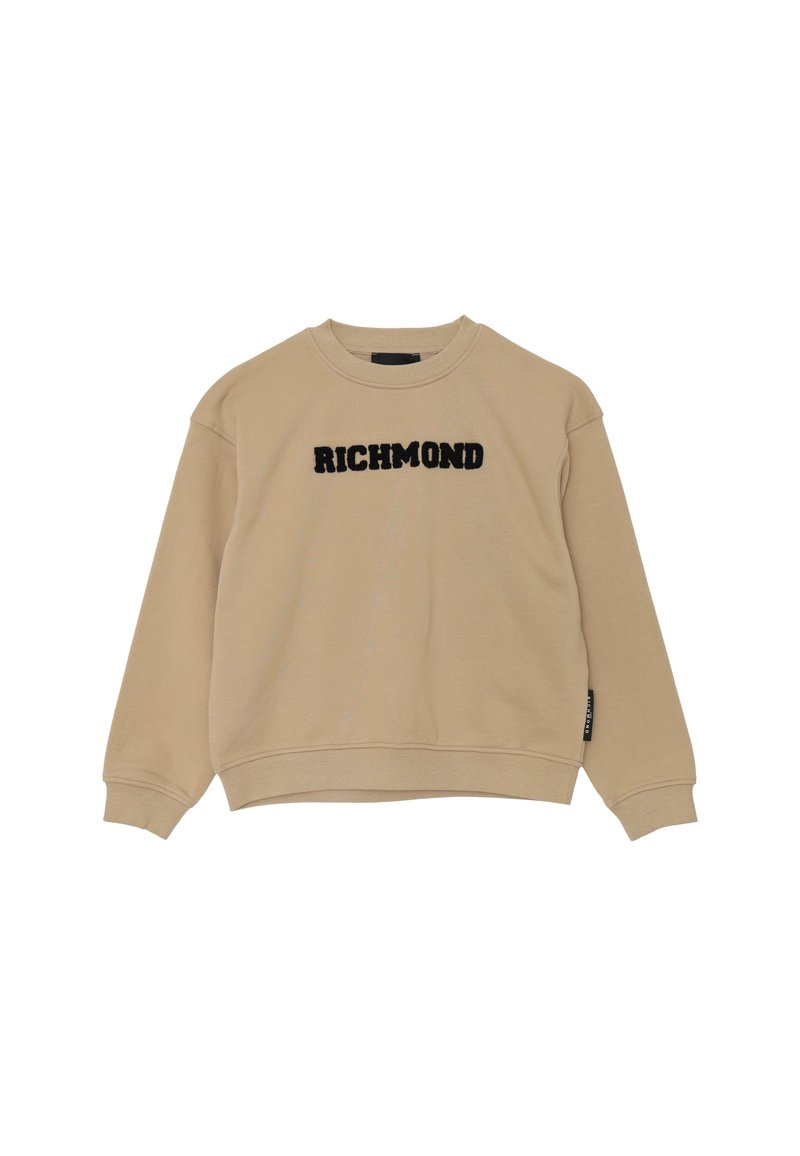 Felpa beige a girocollo con polsini e orlo a coste, con la scritta nera "RICHMOND" testurizzata centrata sul davanti.