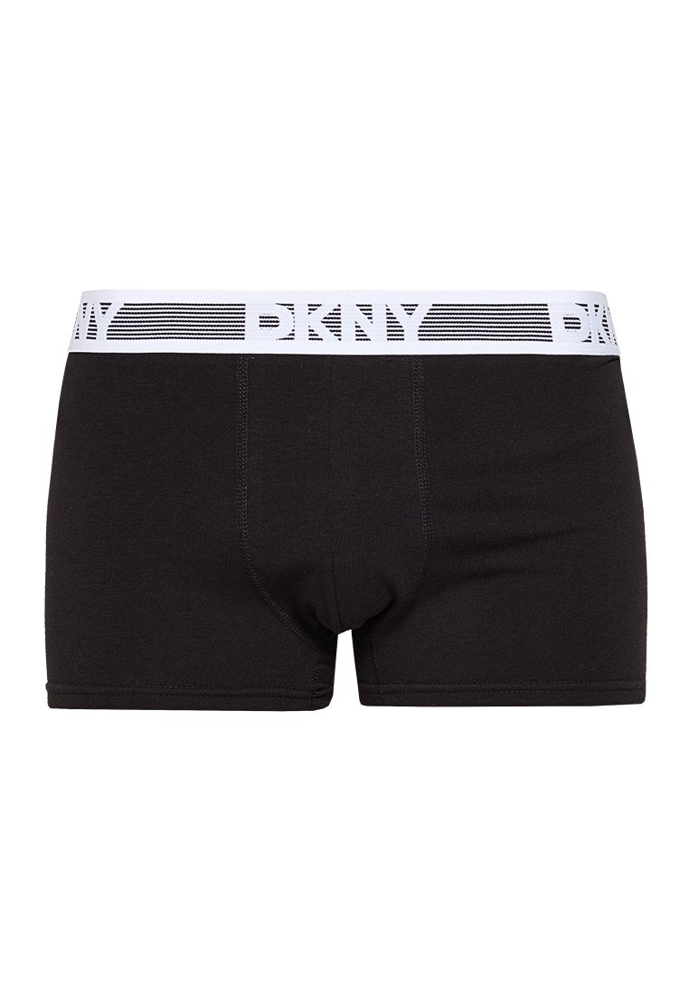 Czarne bokserki wykonane z miękkiej tkaniny, z białym pasem w talii z logo DKNY oraz wzorami w paski. Zawierają szczegóły przeszycia.