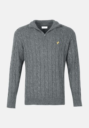 Suéter gris de punto trenzado con mangas largas, cuello con cremallera de un cuarto y pequeño logotipo de un pájaro bordado en amarillo en el pecho.