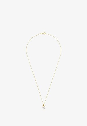 Złota naszyjnik z cienkim łańcuszkiem i sercowym wiszącym kryształem na środku, z przezroczystą, fasetowaną powierzchnią.
